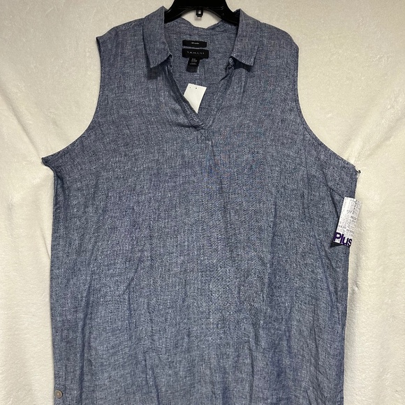 Tahari Women's 3X Shirt Dress Blue Collared Sleeveless 100% Linen - Picture 1 of 7
